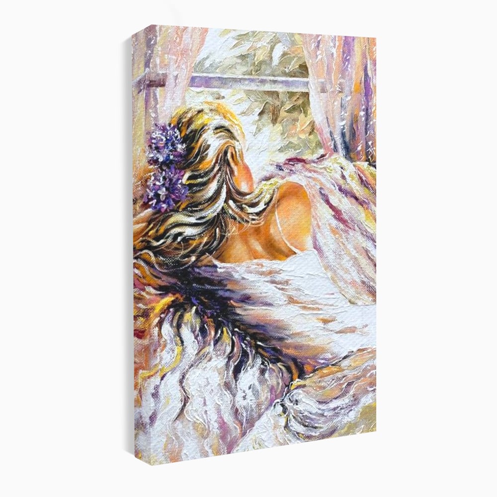 Tablou canvas cu tablou canvas cu femeie privind pe fereastra, fara rama, pe sasiu de lemn
